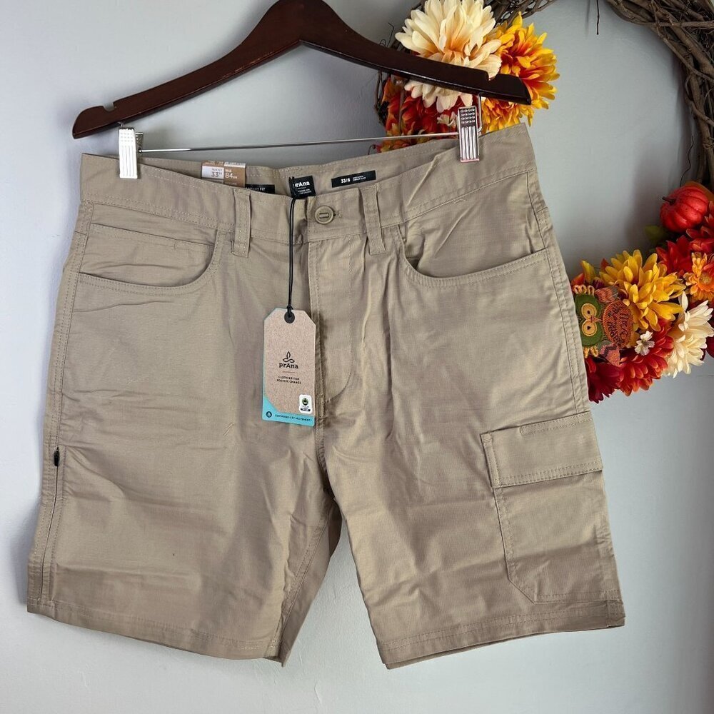 prAna Mens Standard Double Peak Hiking Cargo Short 32"W 8"Length in Sandbar - Picture 2 of 9